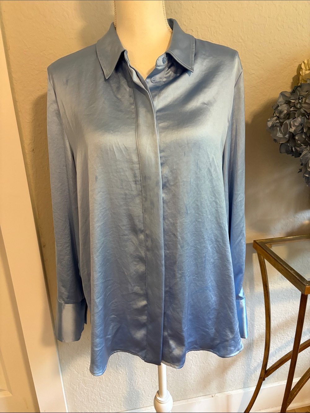 Nordstrom Satin Button-Front Blouse - Light Blue XL NWT
